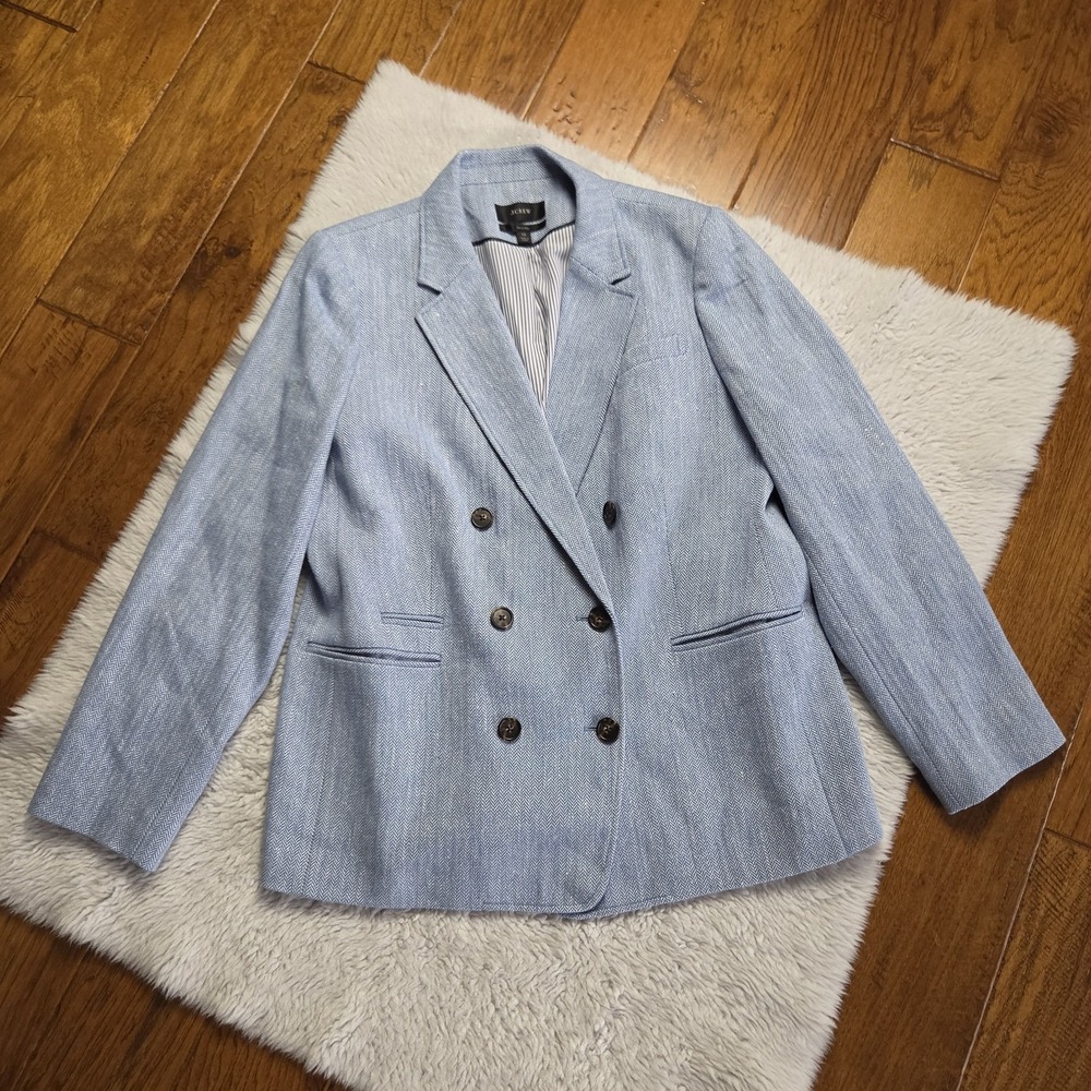 J. Crew Bristol Herringbone Blazer Women's 14 Blue White Linen Blend Italian